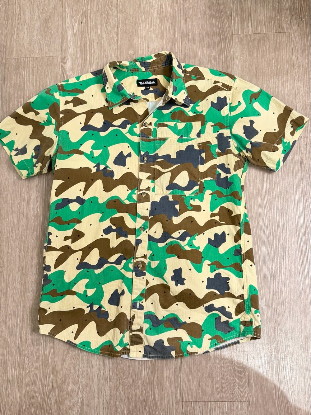 Pink Dolphin Men’s Short Sleeve Button-Up — Green, Brown, Cream Camo

#170